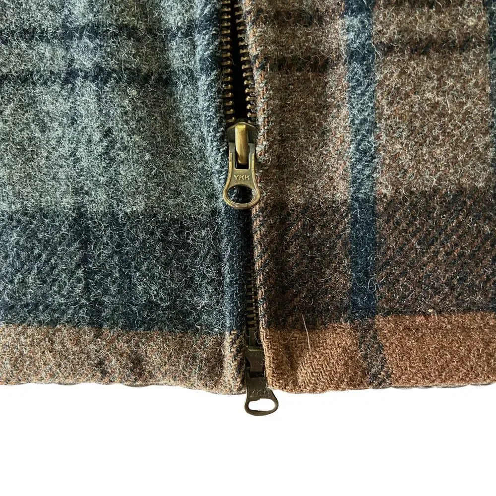 Vintage J.Crew Wool Plaid Zip Jacket Brown Gray Made in USA Mens L Unisex